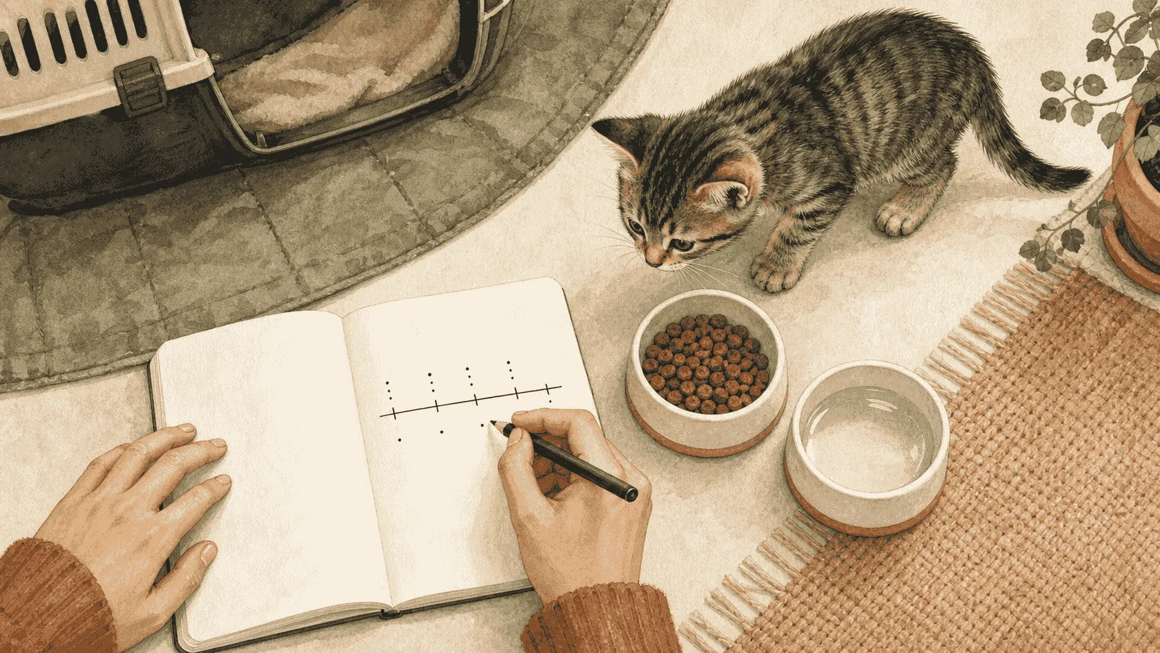 A caregiver writes a simple timeline beside a kitten's familiar unbranded meal and a clean water bowl in a quiet room.