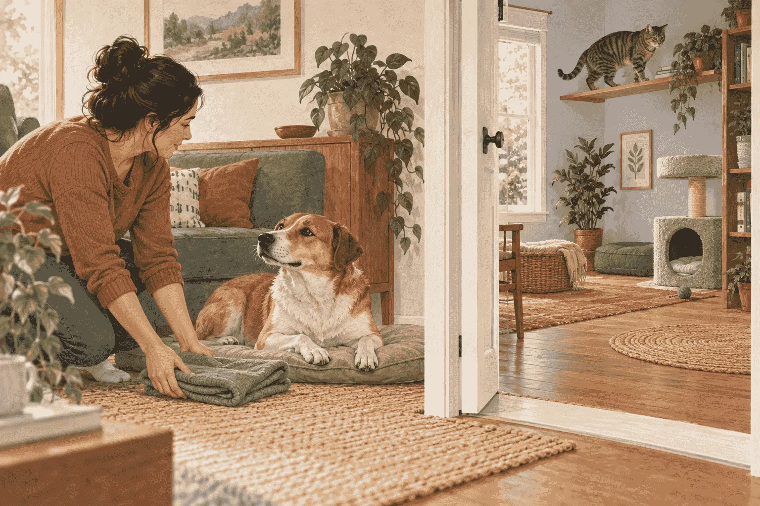 A caregiver stands between a calm dog and a cat behind a secure barrier, with the cat’s open retreat and the dog’s separate route visible.