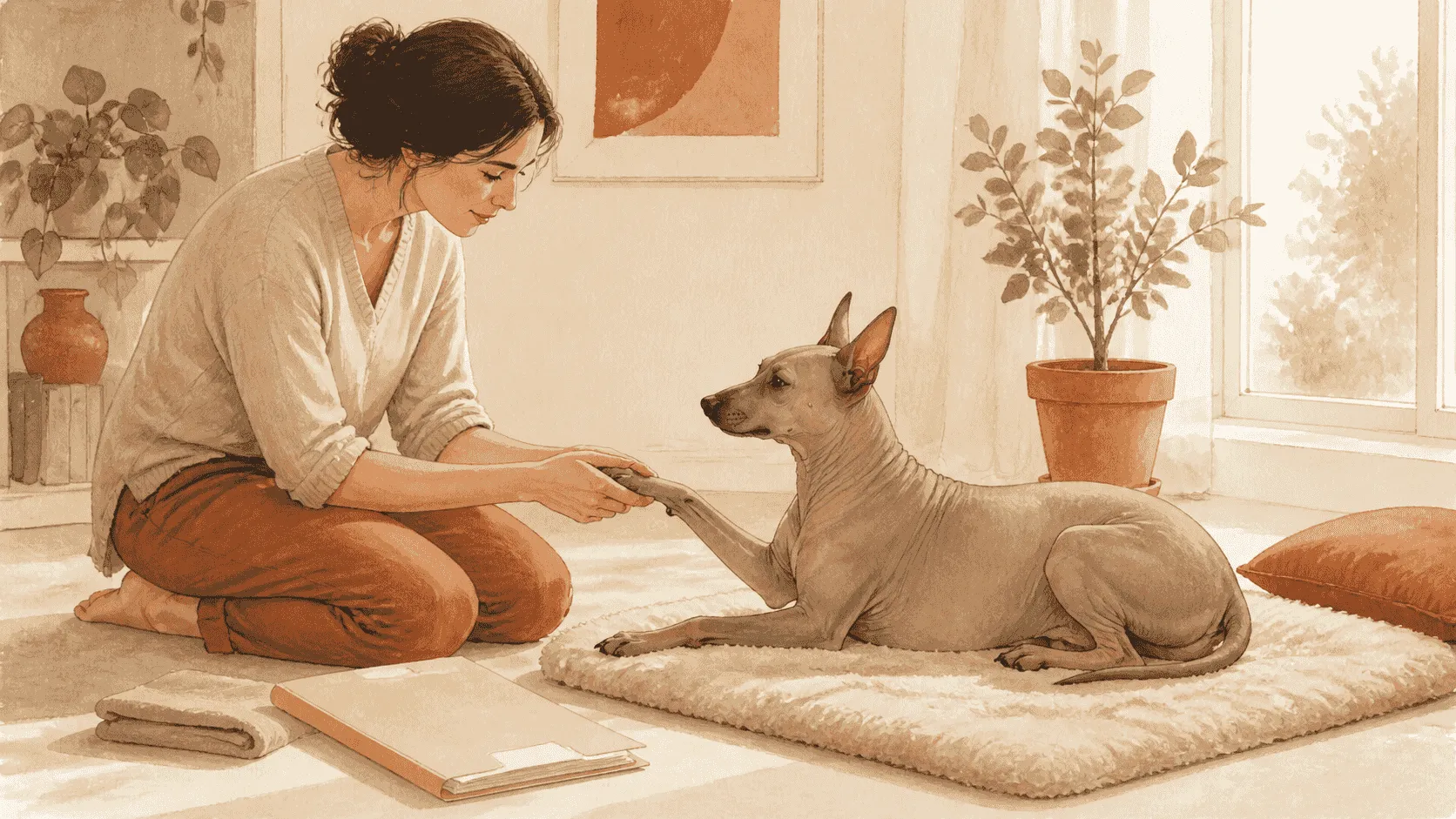 A hairless dog rests on a cream mat and offers a paw while a caregiver keeps veterinary records nearby.