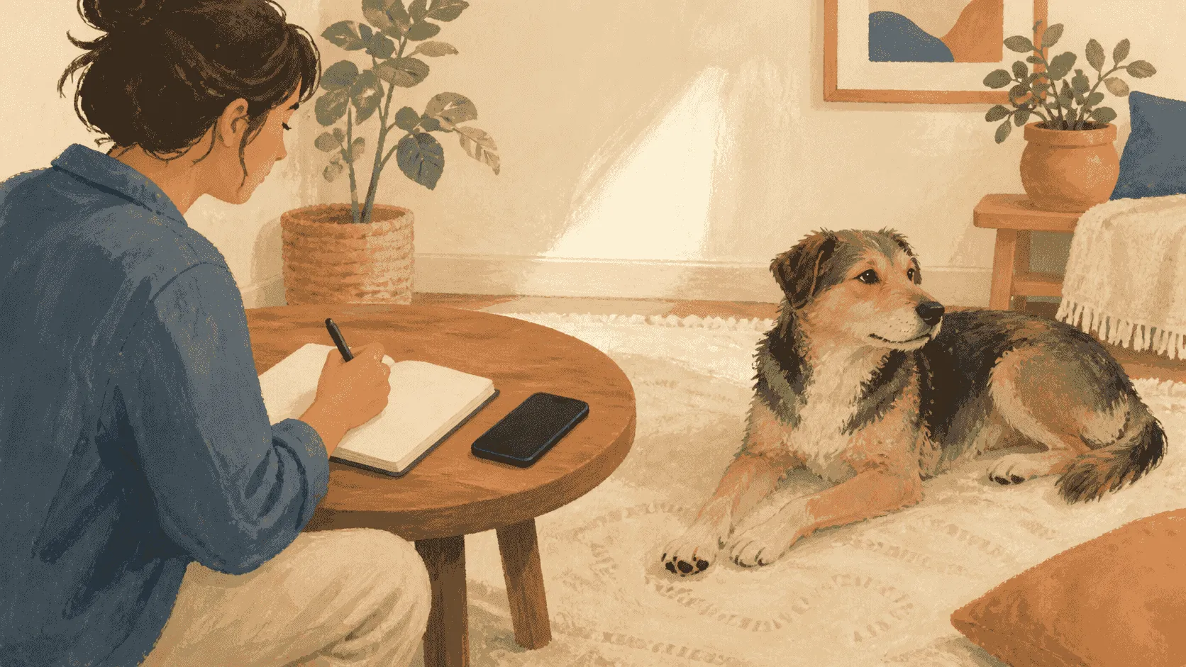 A caregiver writes the date and paw location in a notebook while a relaxed dog rests nearby.