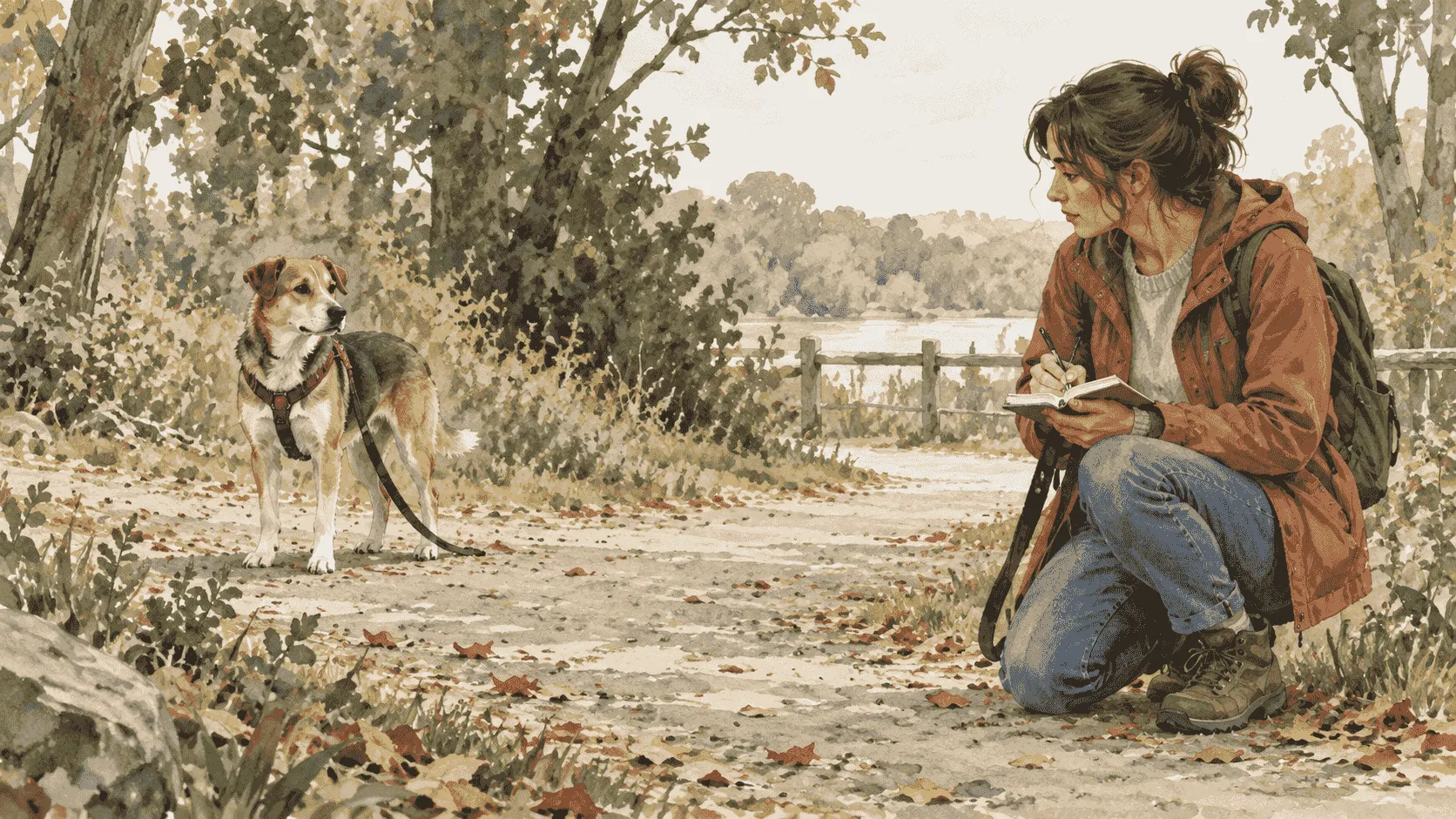 A caregiver keeps a mixed-breed dog on a loose lead and writes a short exposure note while an indistinct outdoor object remains safely out of reach on a leafy path.