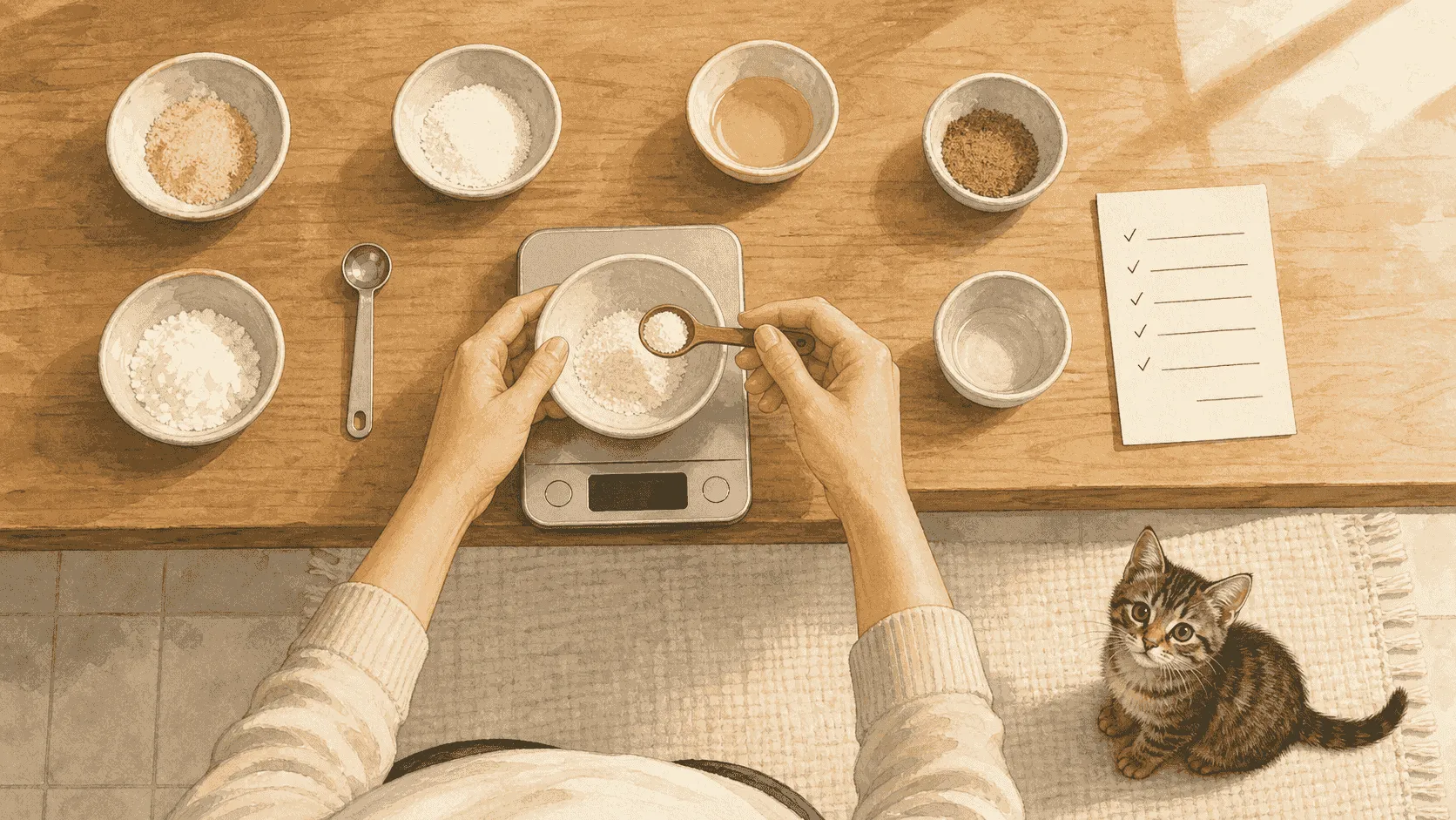 A caregiver measures separate unbranded ingredients on a kitchen scale while checking each line of an individualized kitten recipe.