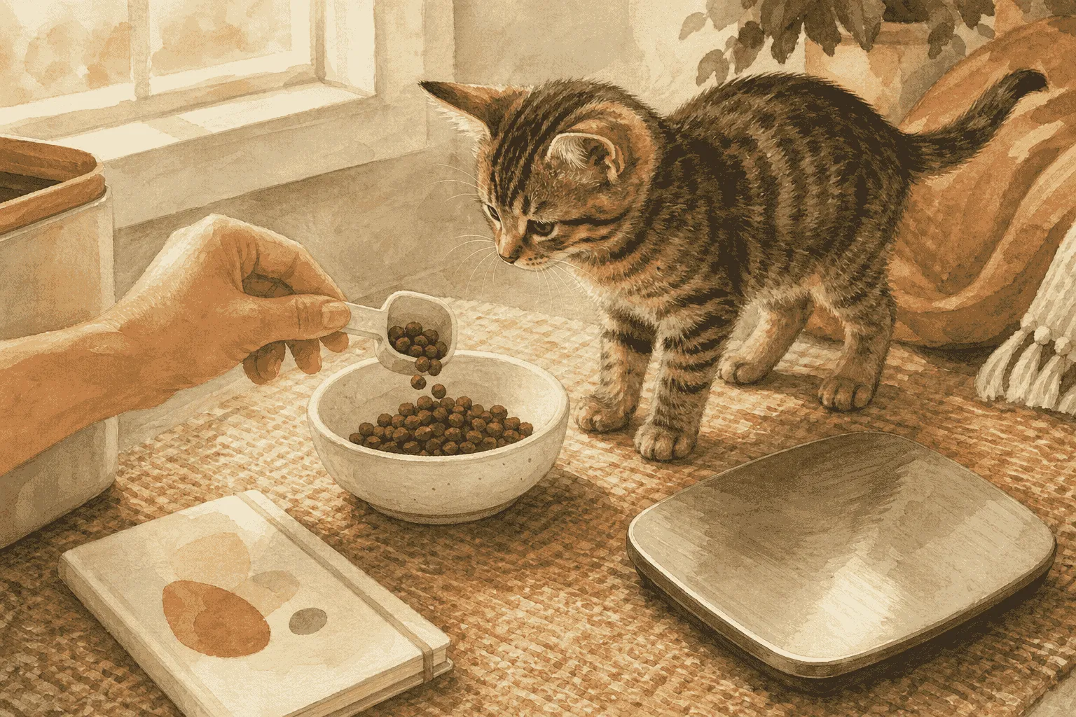 A person scoops kitten food into a ceramic bowl beside a tabby kitten, notebook, and pet scale.