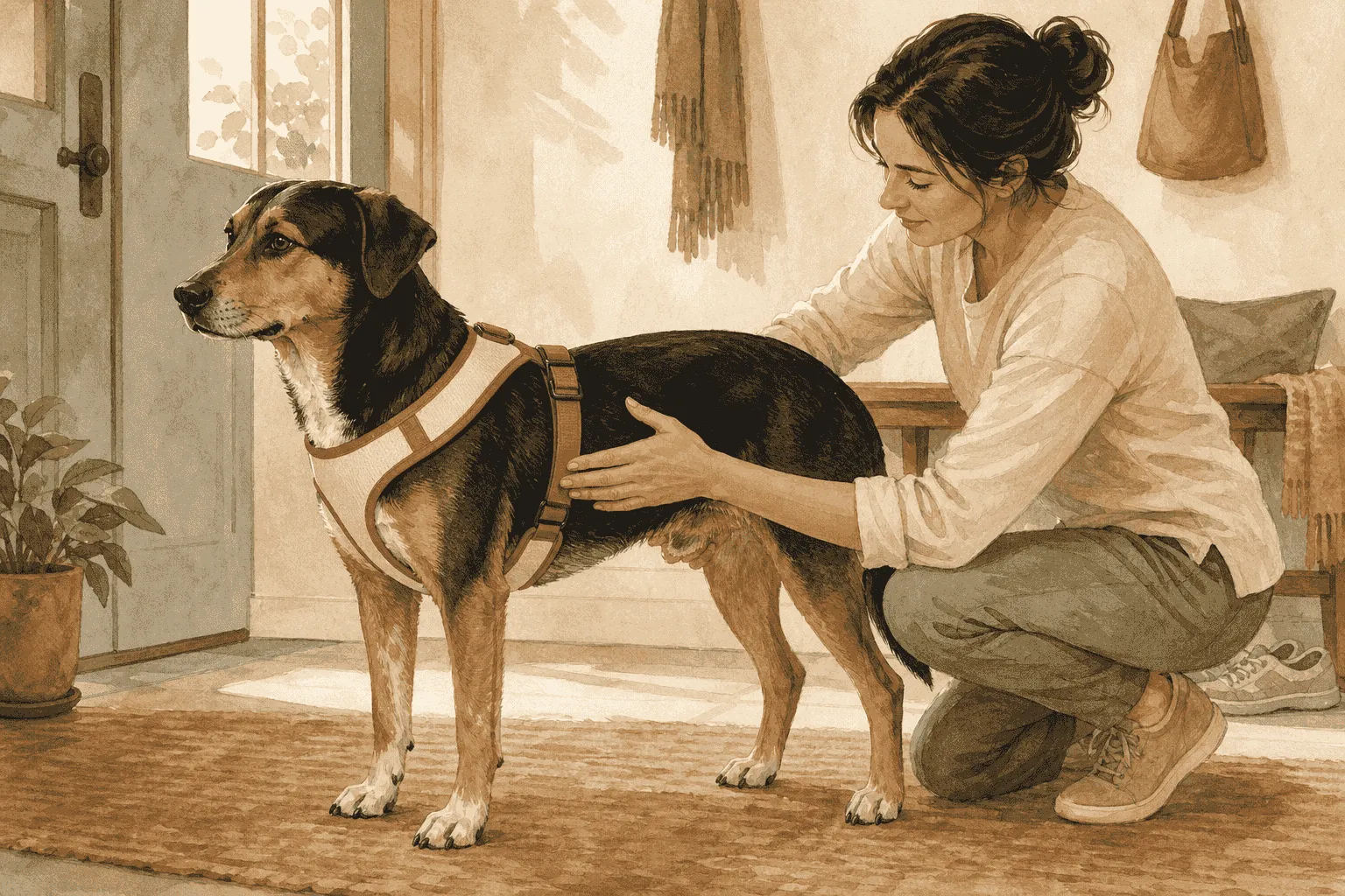 A kneeling caregiver checks the side and chest contact points of a harness on a calm standing dog.