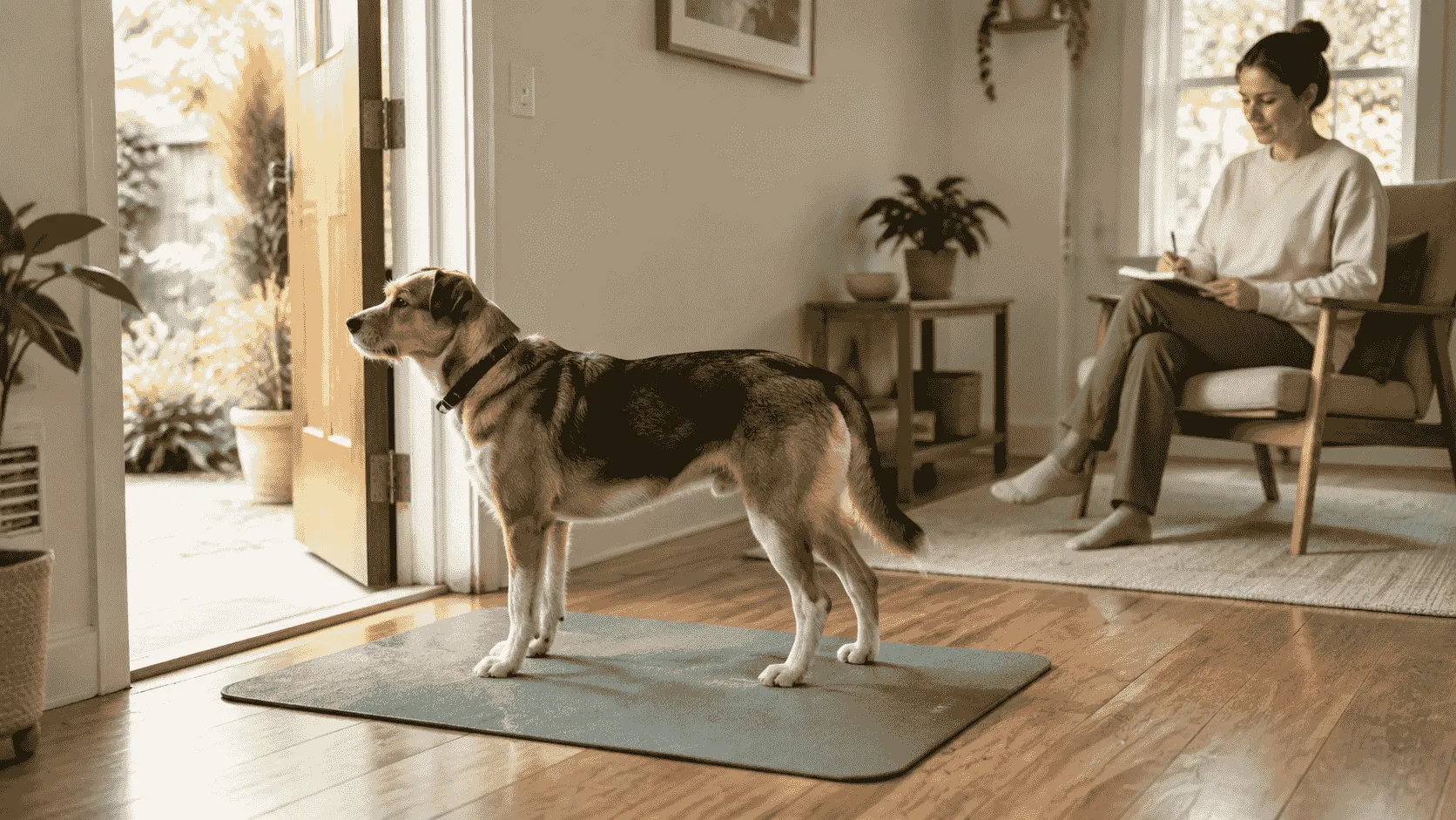 A calm mixed-breed dog stands on a washable mat while a caregiver records a simple observation note from across the room.