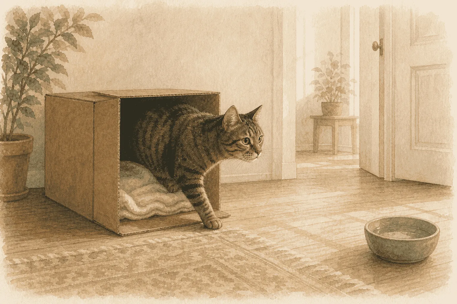 Tabby cat steps halfway out of a cardboard hiding box toward a quiet open room with water nearby.