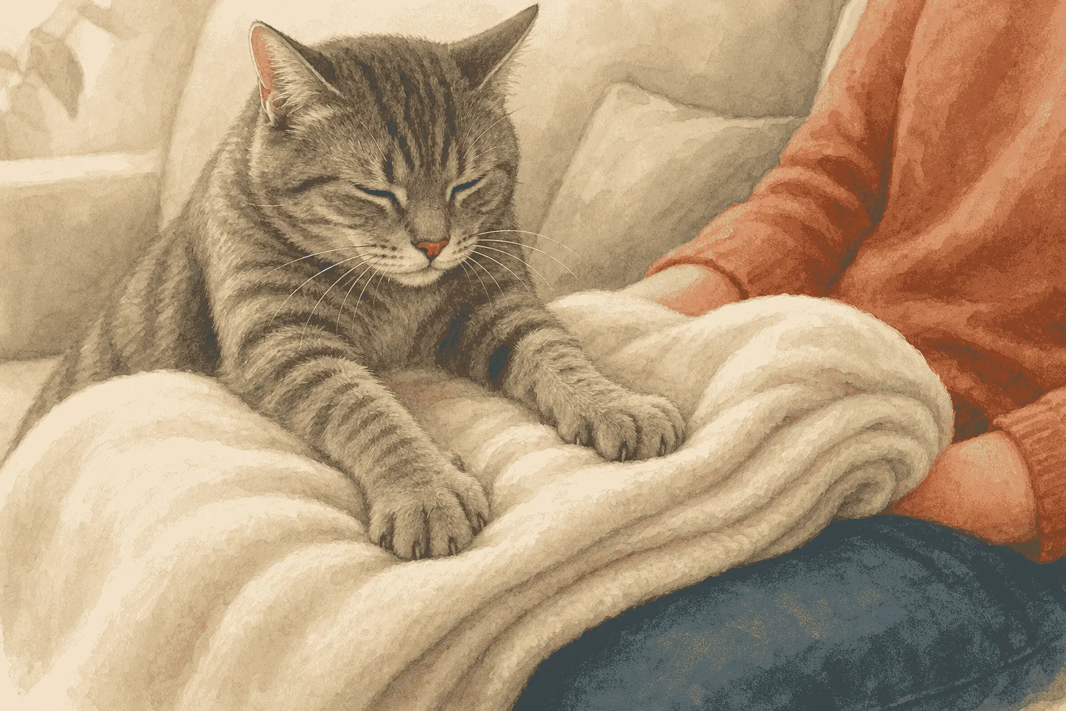 Gray tabby cat presses its front paws into a folded cream blanket protecting a caregiver’s lap.