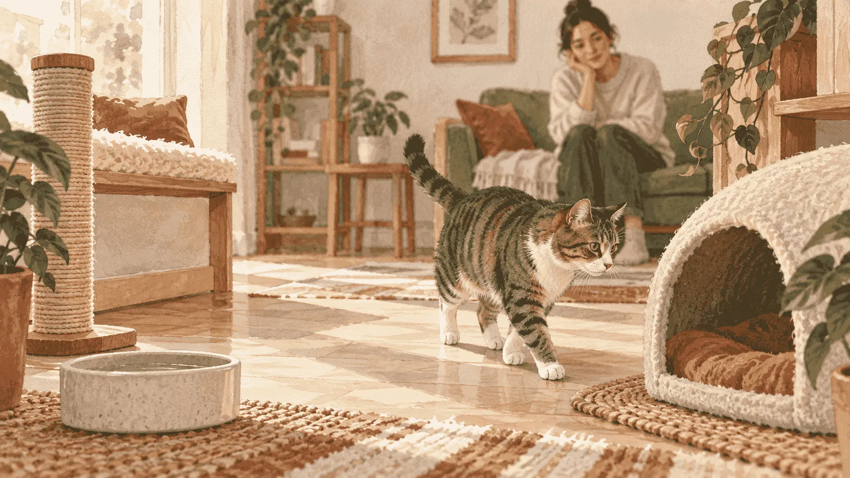 A female cat walks toward a quiet hideaway while a caregiver observes from a comfortable distance in a calm home.