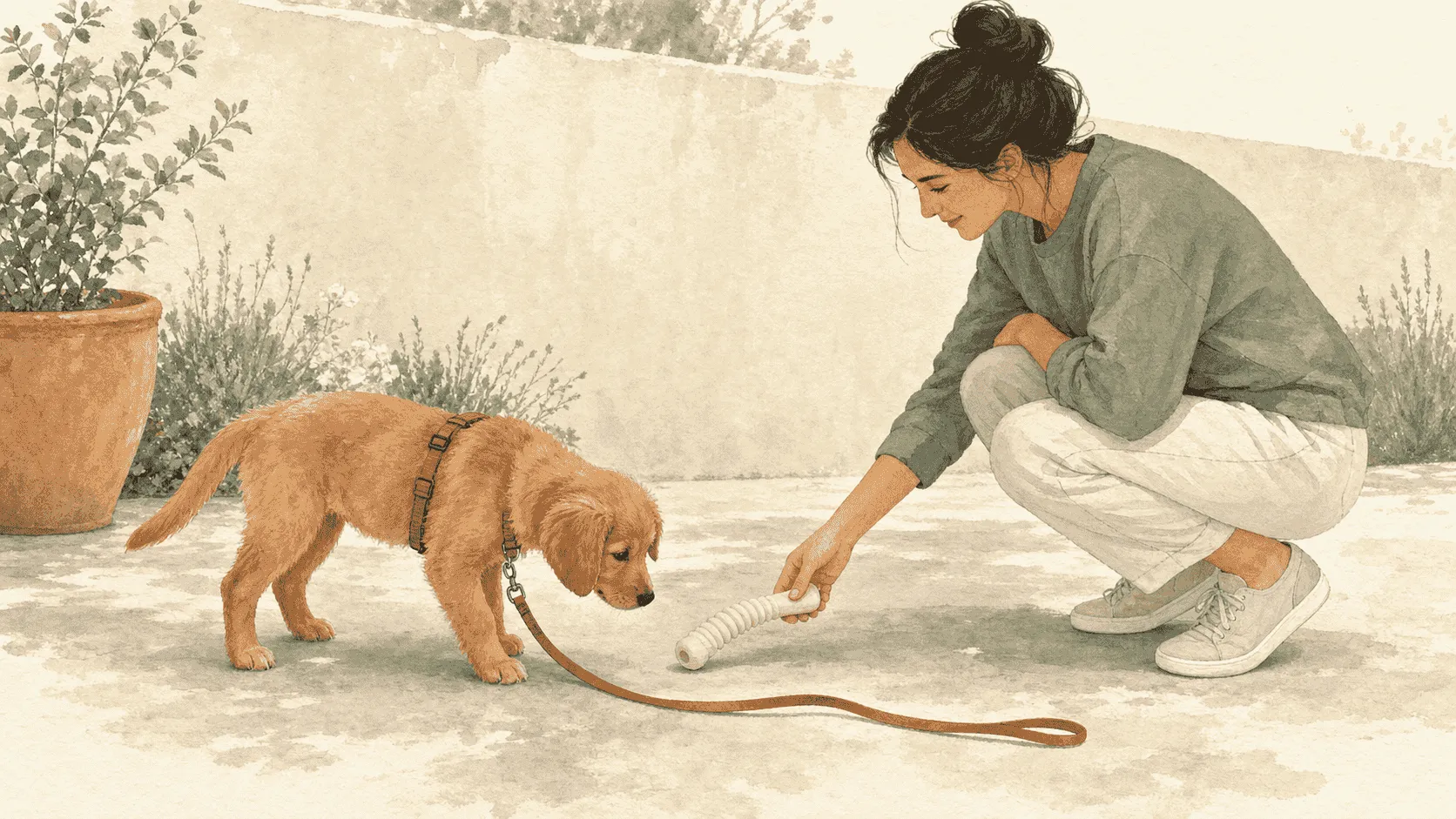 A caregiver pauses on a quiet path and offers a cream chew toy while a golden-brown puppy releases a slack terracotta leash.