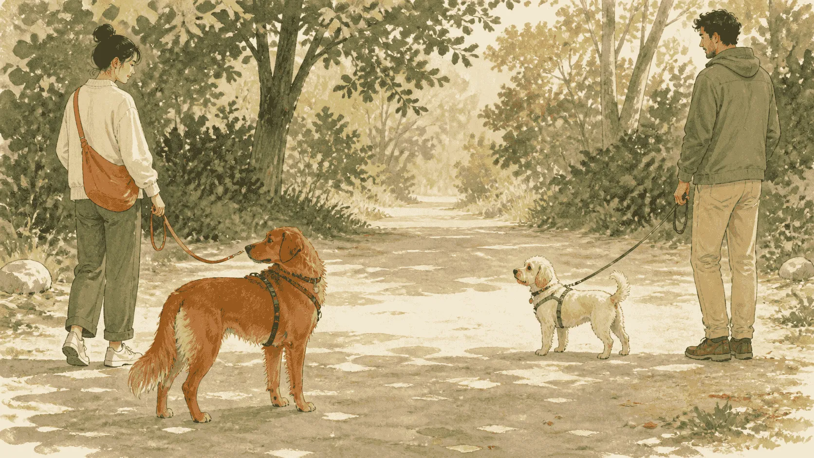 Two dogs stand several feet apart on a leafy path, one looking back toward its caregiver while both handlers leave space between them.