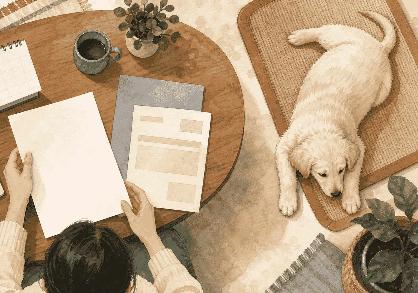 A puppy owner arranges an unbranded veterinary invoice, blank policy sheets, and a calendar while a cream puppy lies on a mat.