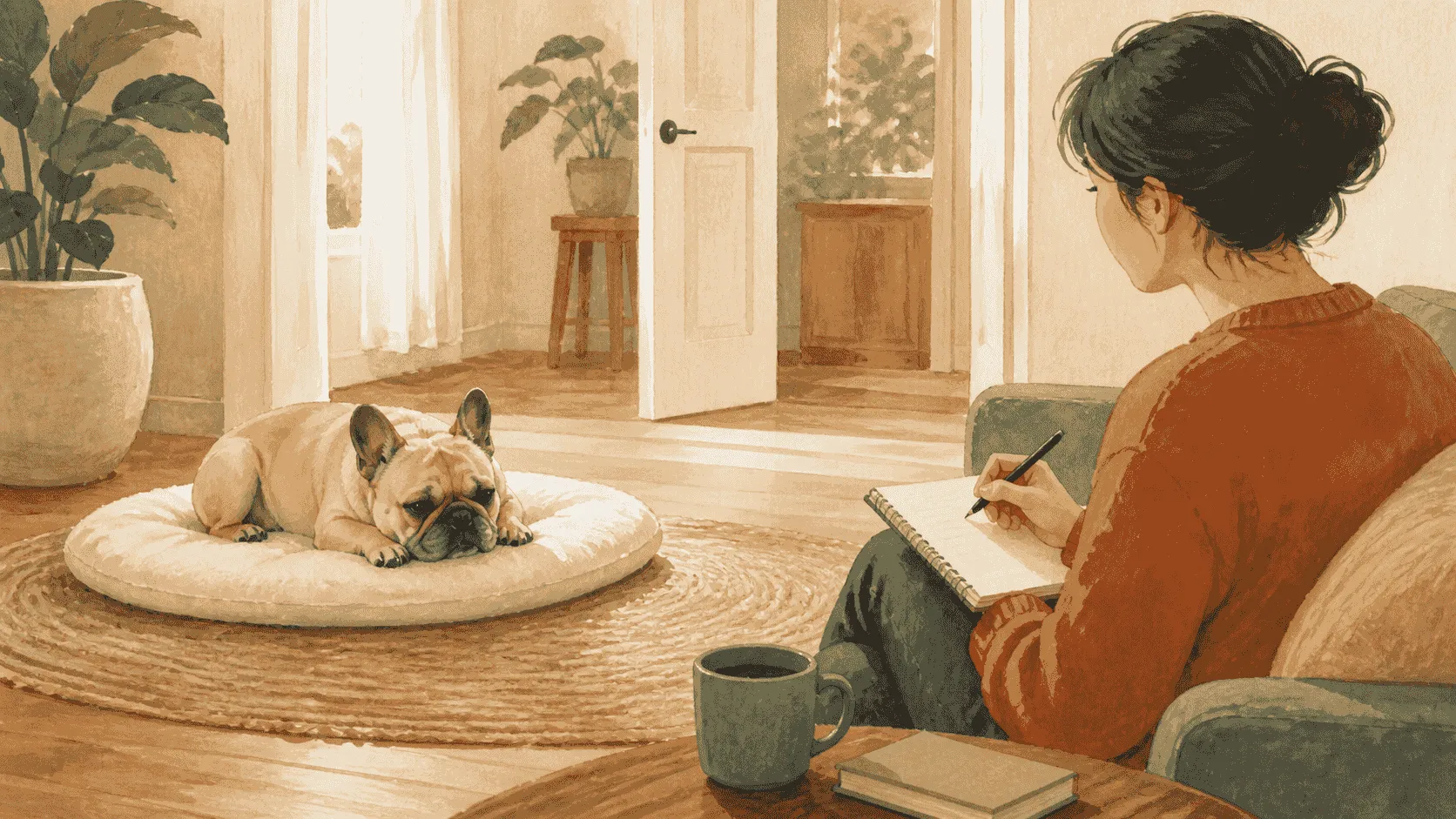 A caregiver writes down the time and setting while a flat-faced dog rests comfortably on a mat near an open doorway.