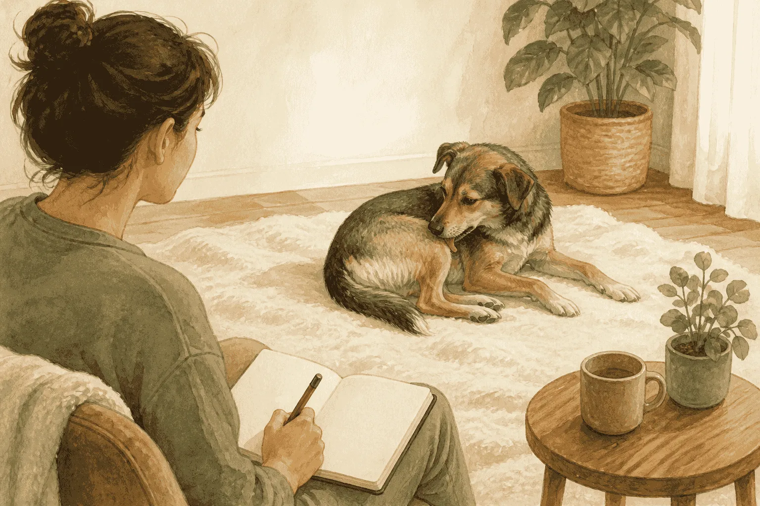 A calm dog pauses beside a caregiver's notebook as the caregiver observes a self-grooming moment in a quiet home.