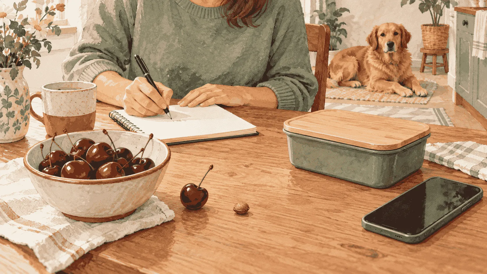 A caregiver places a bowl of cherries and a small pit-disposal note on a high kitchen shelf while a dog waits behind a gate.