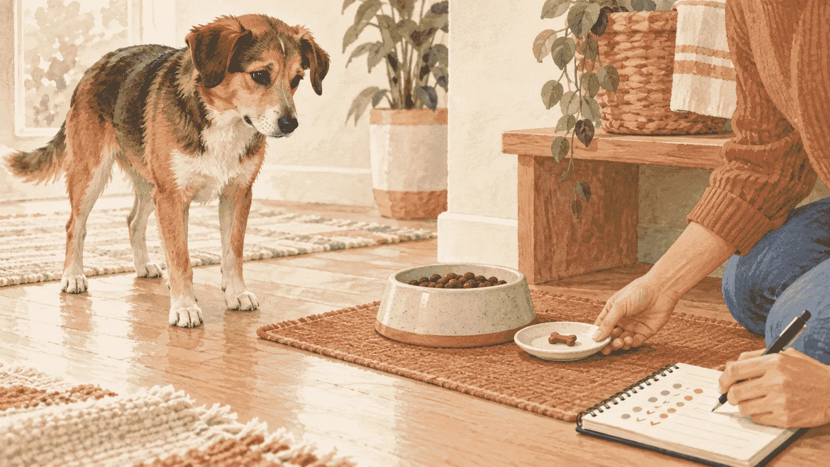 A caregiver compares an unbranded dog-treat ingredient list with a simple food-and-stool note while a calm dog rests nearby.