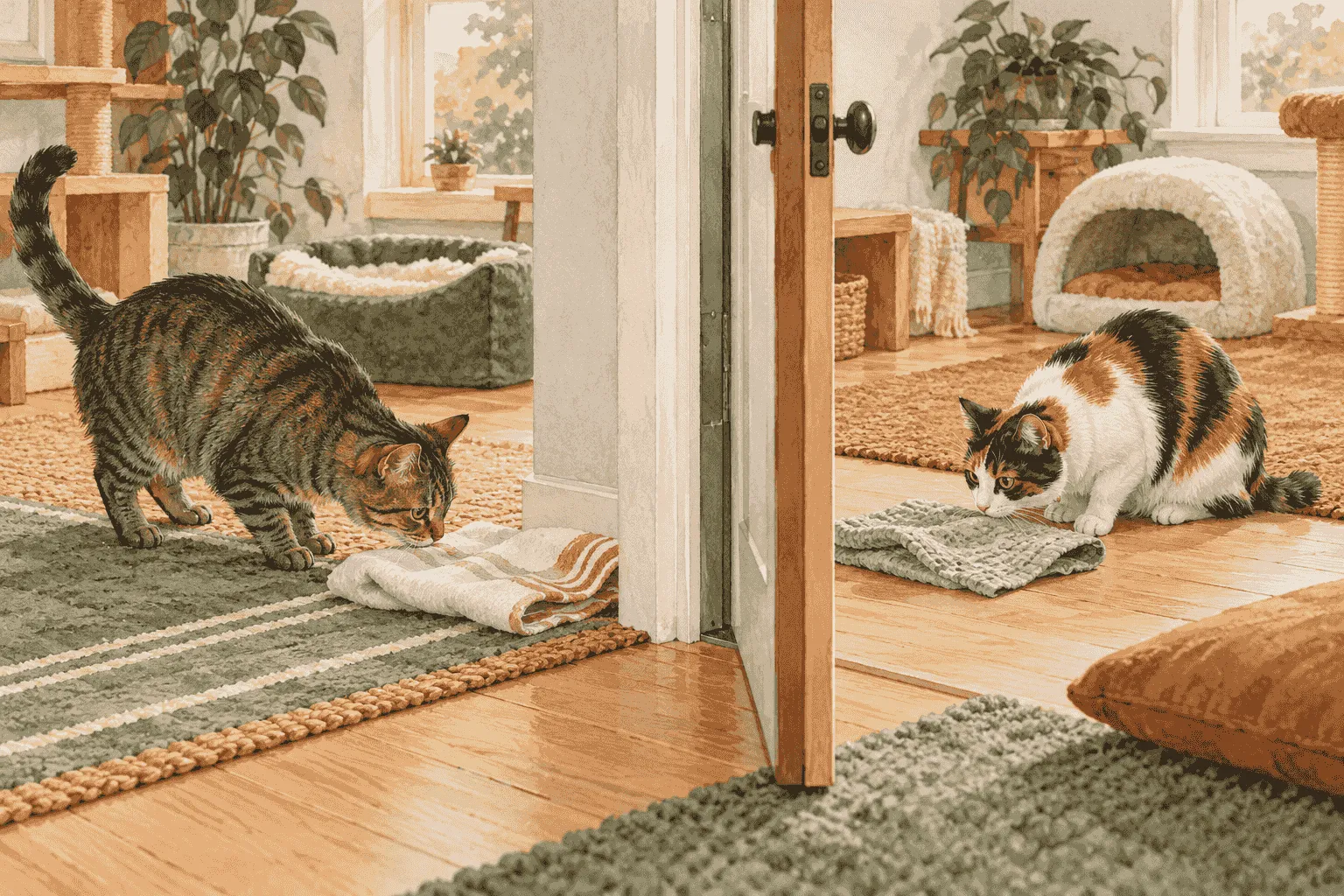 Two domestic cats investigate exchanged bedding on opposite sides of a softly lit doorway while each keeps a clear retreat route.