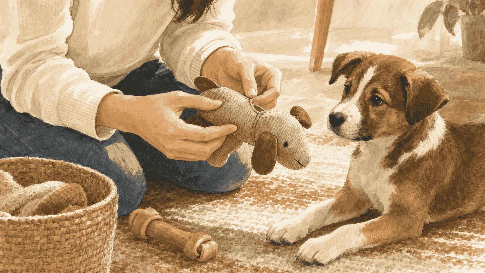 A caregiver kneels on a rug and checks a puppy toy for loose parts while the puppy waits beside a chew and storage basket.