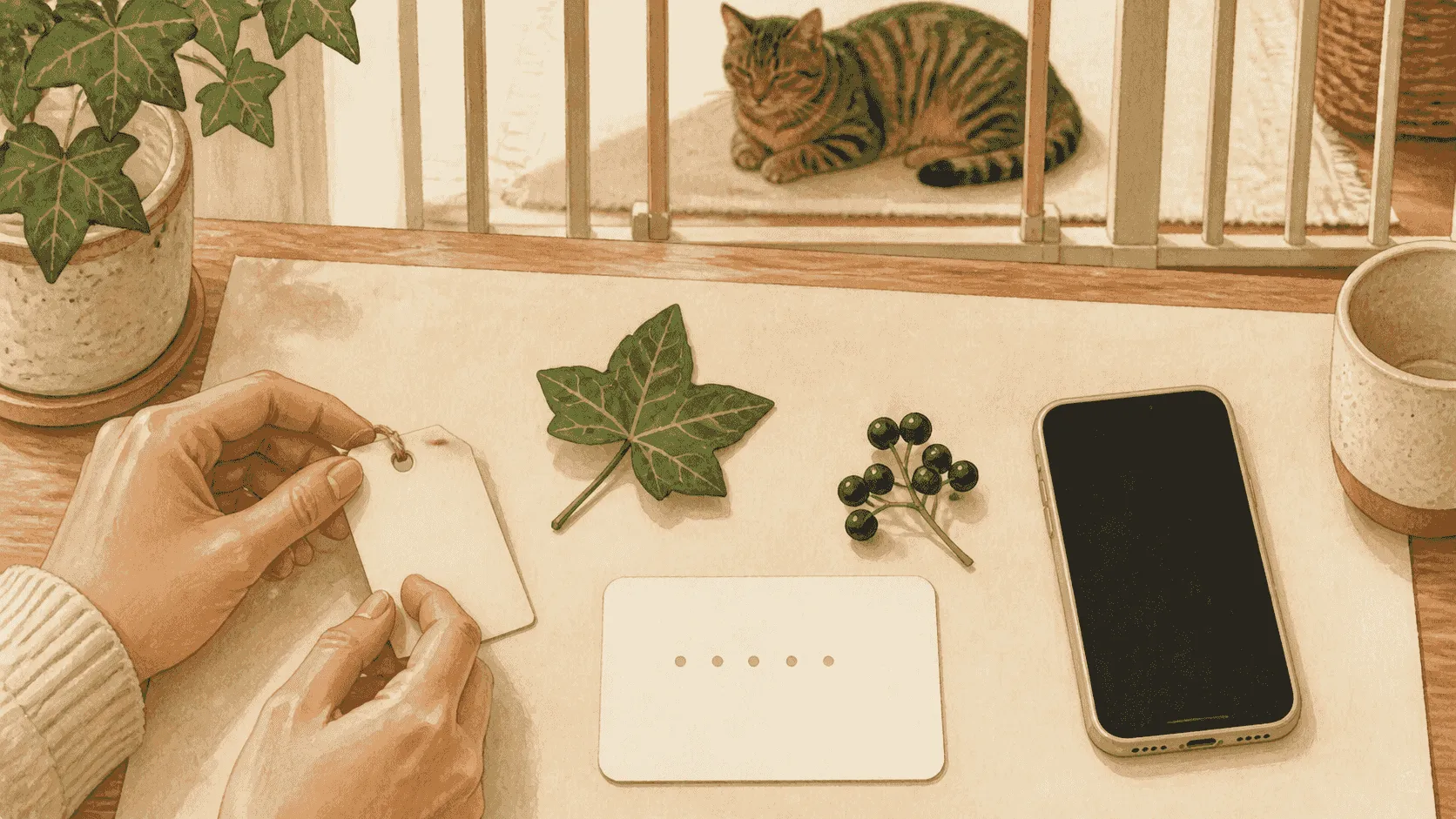 A caregiver photographs an English ivy label and notes a missing leaf while a tabby cat waits safely behind a low indoor gate.