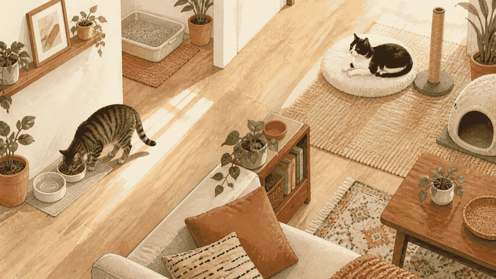 Two domestic cats use separated feeding and resting areas with an open route and a visual barrier in a warm home.