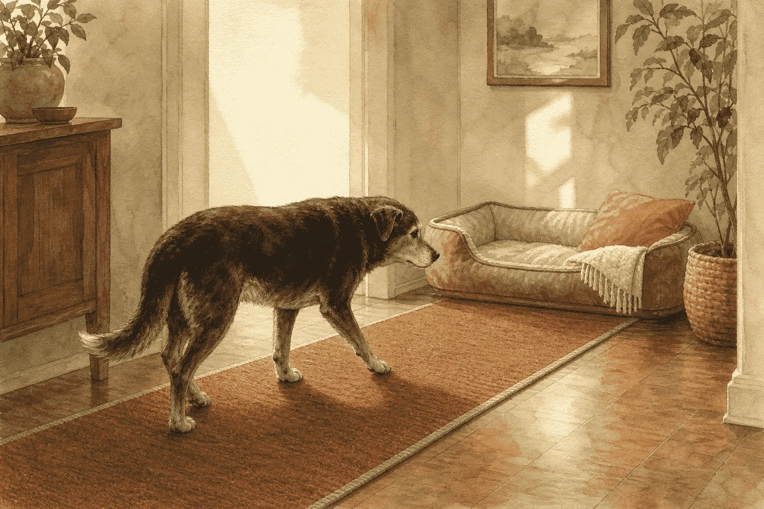 A gray-muzzled senior dog walks along a terracotta nonslip runner toward a low padded bed in a quiet home corner.