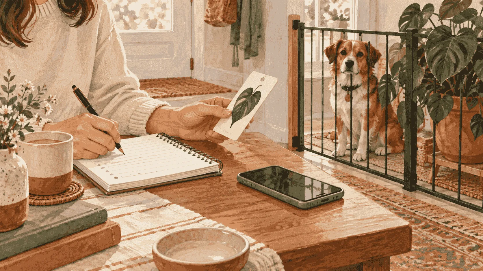 A caregiver photographs a philodendron label beside a short exposure note while a dog waits safely behind an open indoor gate.