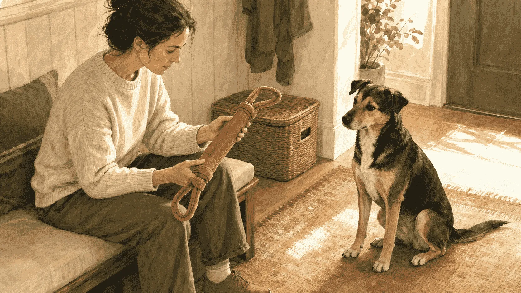 A caregiver examines a large fabric tug toy while a mixed-breed dog waits on a rug.