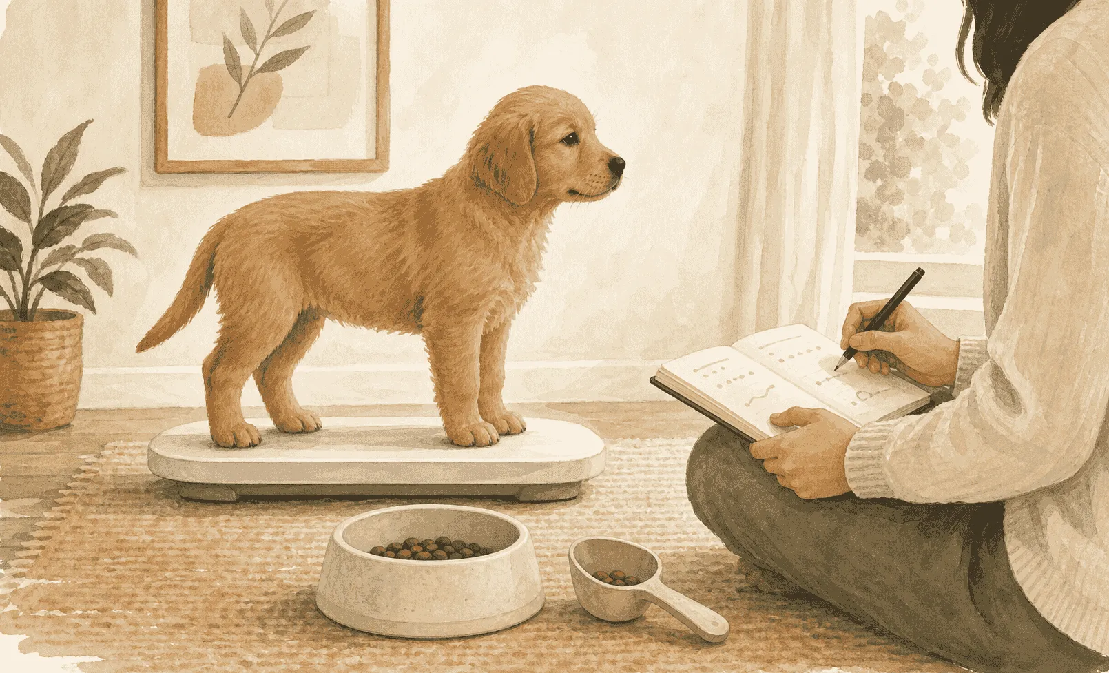 A person records a puppy's weight and body shape in a notebook beside a measured bowl of food while the puppy stands calmly nearby.