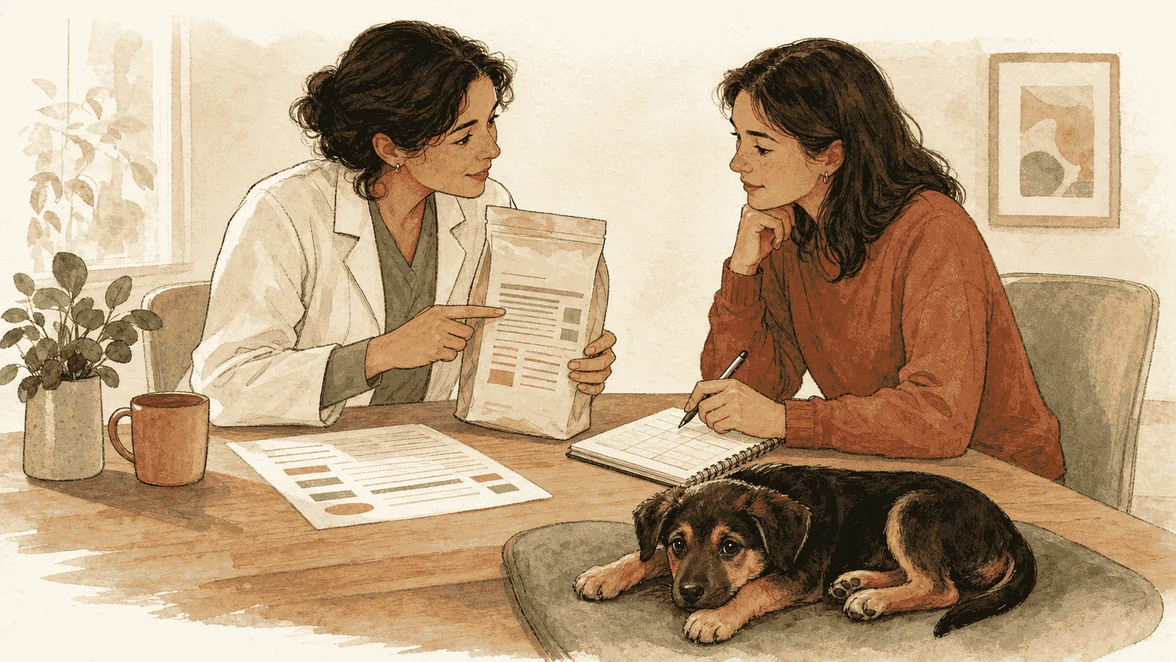 A caregiver and veterinarian review an unbranded puppy-food label and a feeding history while a calm puppy rests beside the table.
