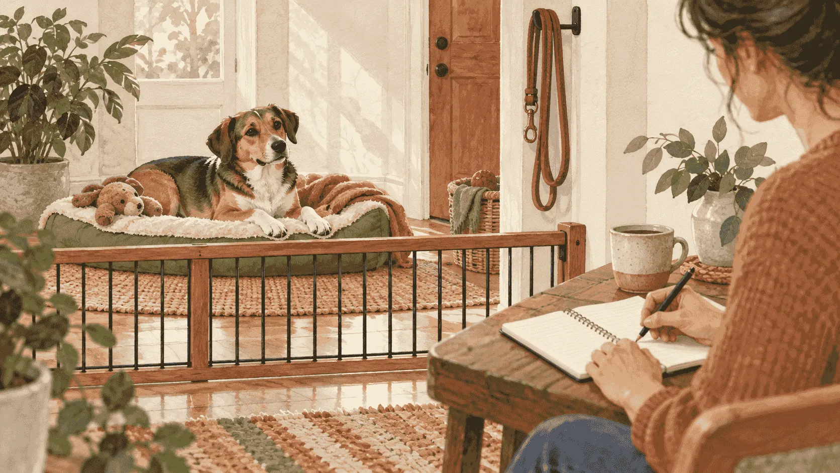 A caregiver writes a short timeline beside a calm spayed dog resting on a cream mat, with a notebook open to questions for the veterinarian.