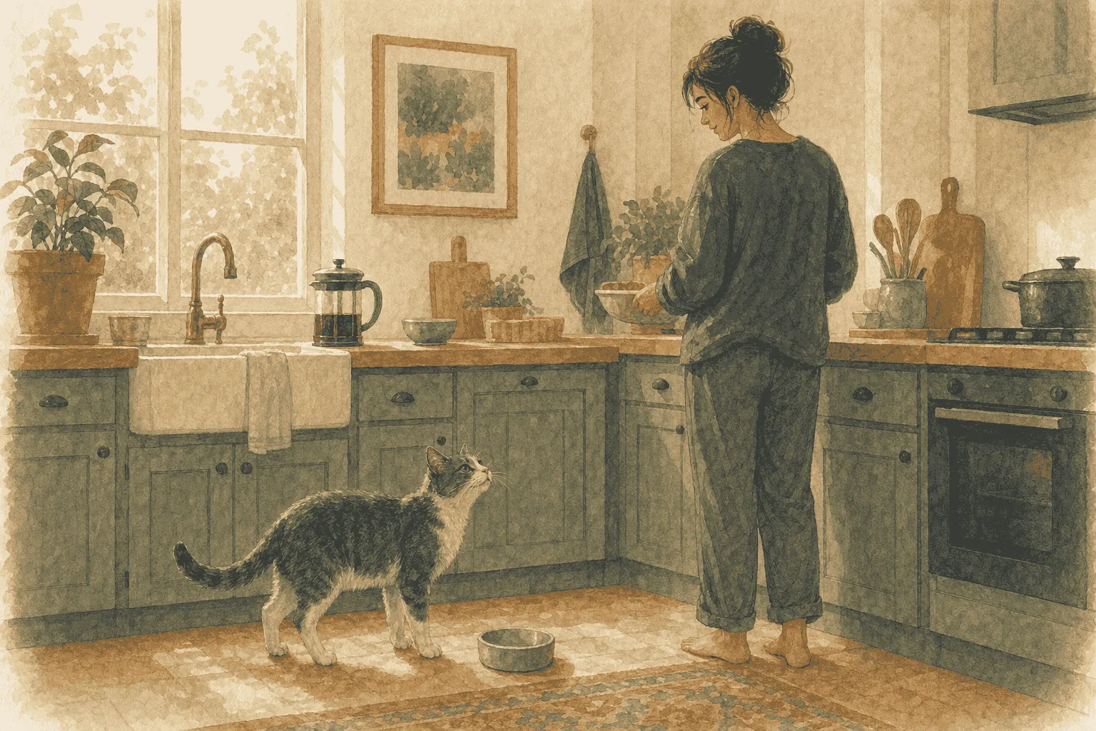 Gray-and-white cat looks up at a person preparing breakfast beside an empty bowl in a warm kitchen.