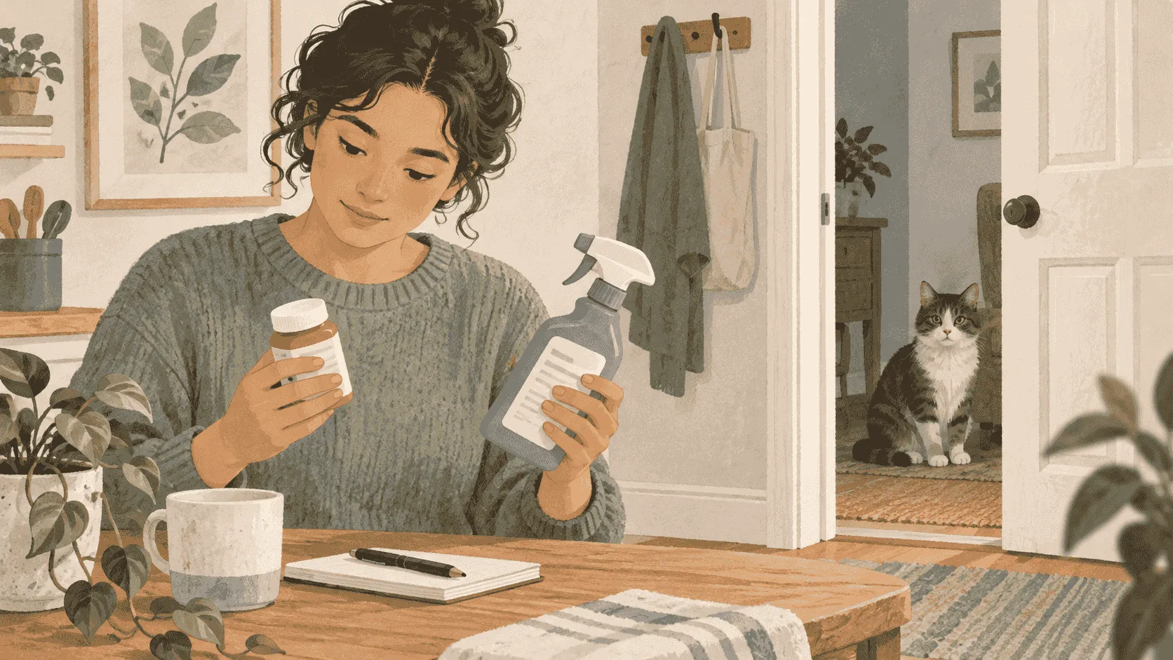 A caregiver checks generic medicine and cleaner labels while a calm cat waits safely behind a doorway.