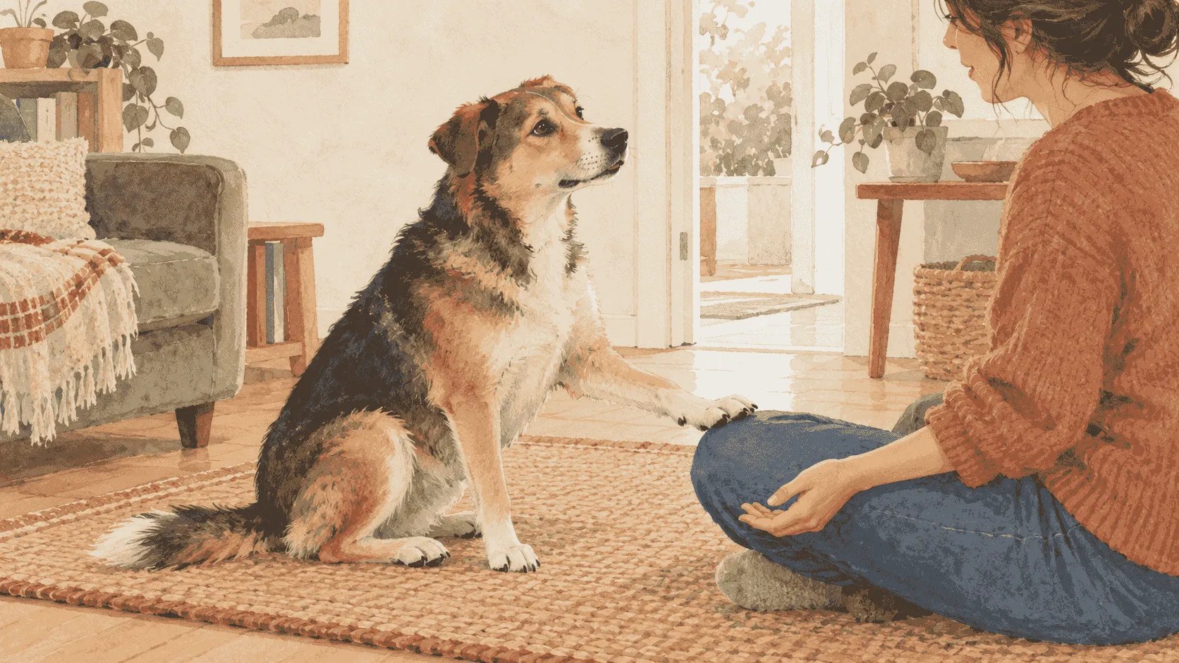 A relaxed mixed-breed dog keeps one front paw near a caregiver's knee while the caregiver's open hand rests away.