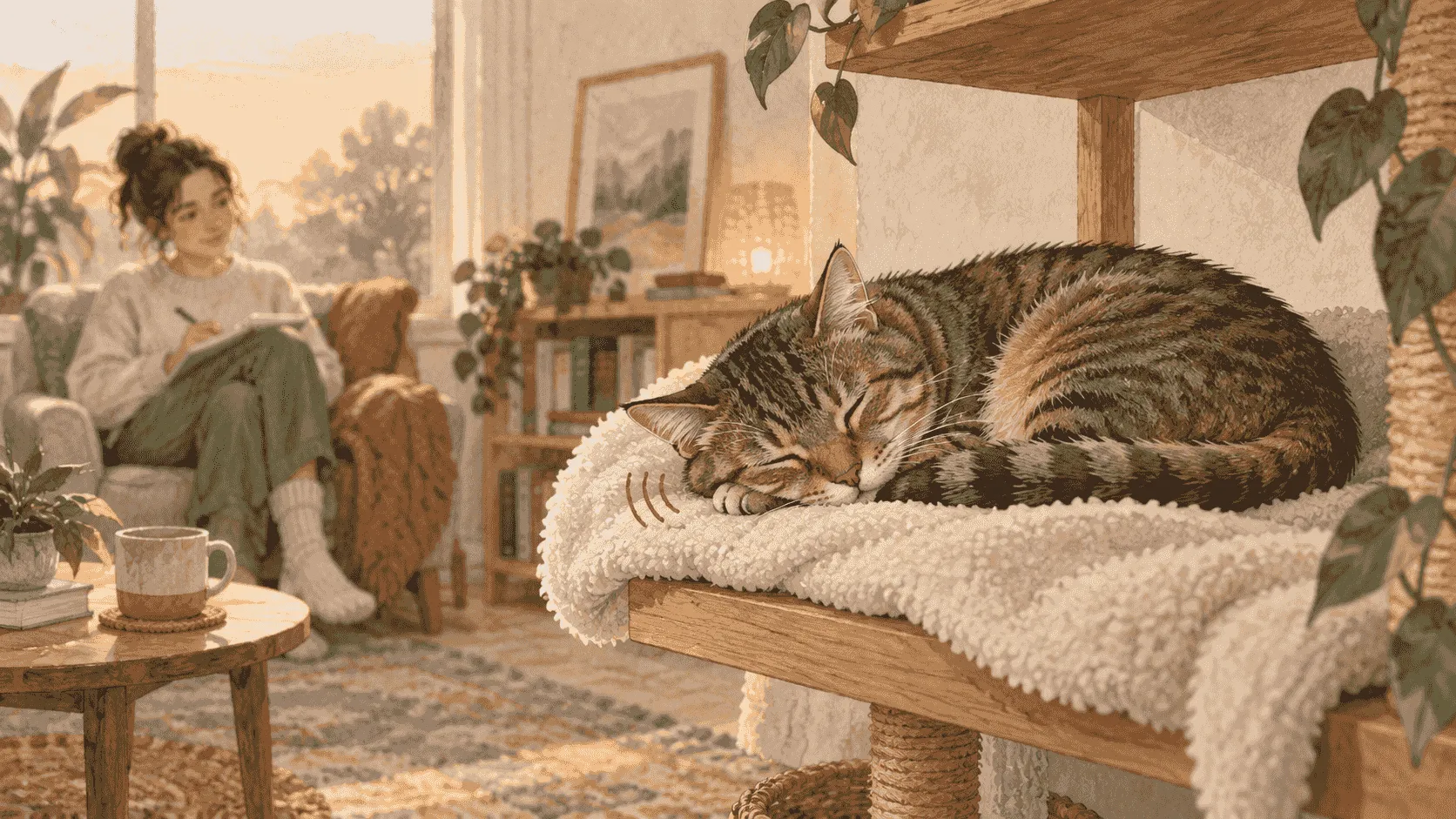 A tabby cat sleeps on a folded blanket while a caregiver writes a brief timeline from across the room.