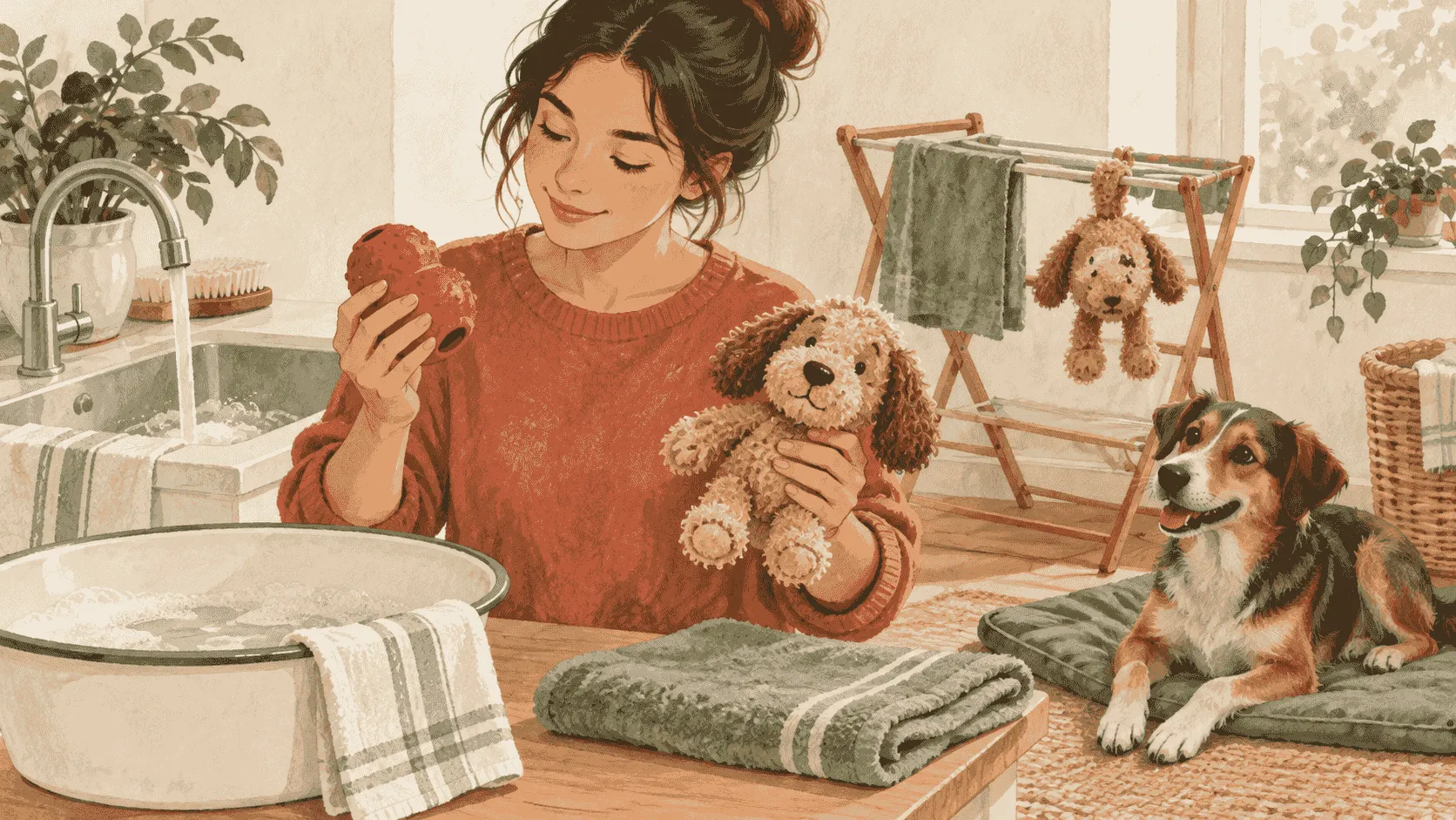A caregiver checks the dry seams of a plush dog toy beside a folded towel while a mixed-breed dog watches from a rug.