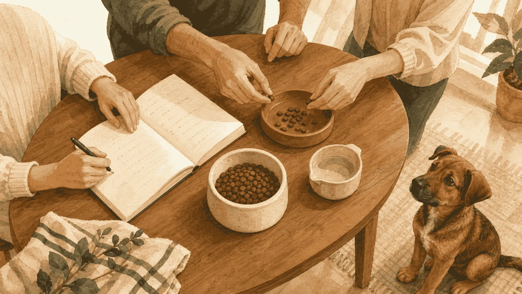 A caregiver records one puppy feeding plan in a notebook while family members place treats into a small shared dish beside a measured bowl.