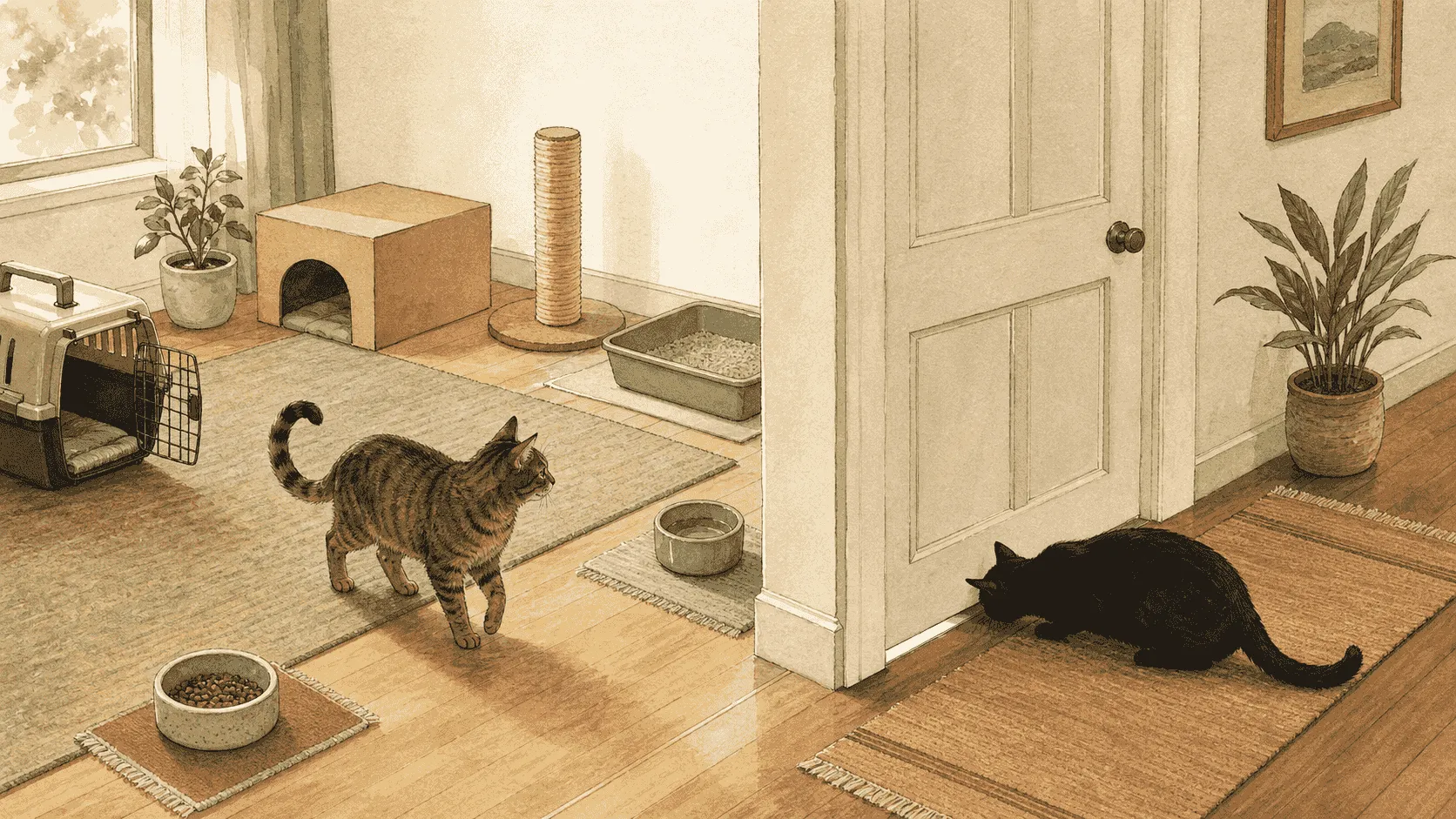 A newly adopted brown tabby explores a quiet base room while a resident black cat investigates scent beneath the closed door.