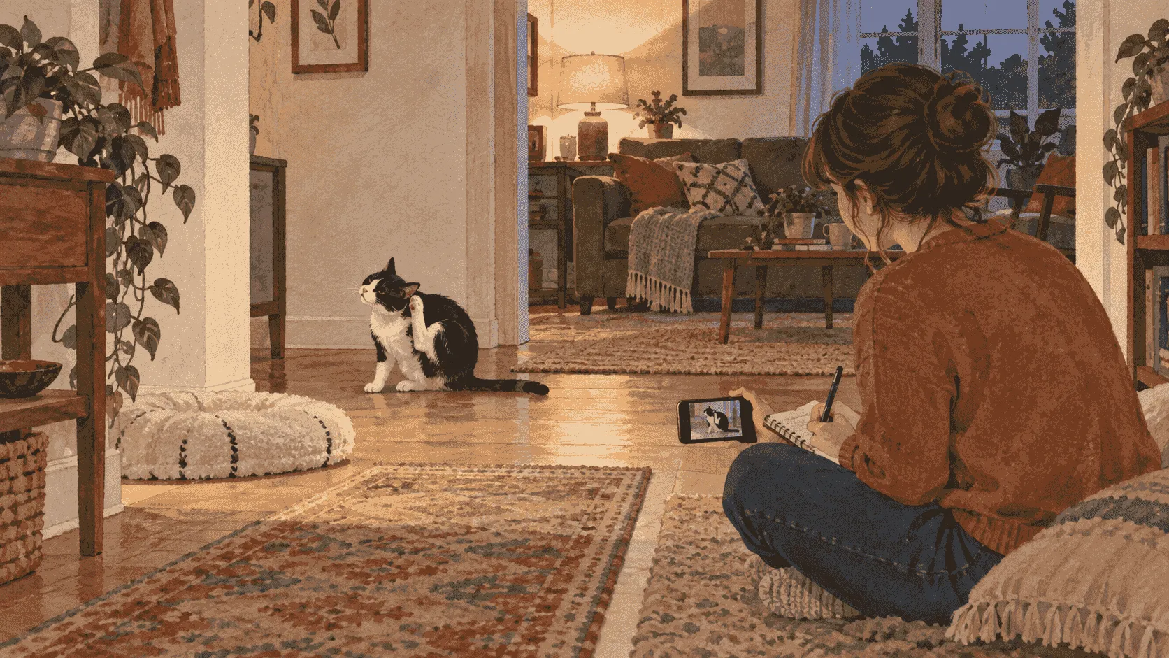 A caregiver records a cat's repeated ear scratching from across the room without touching the ear.