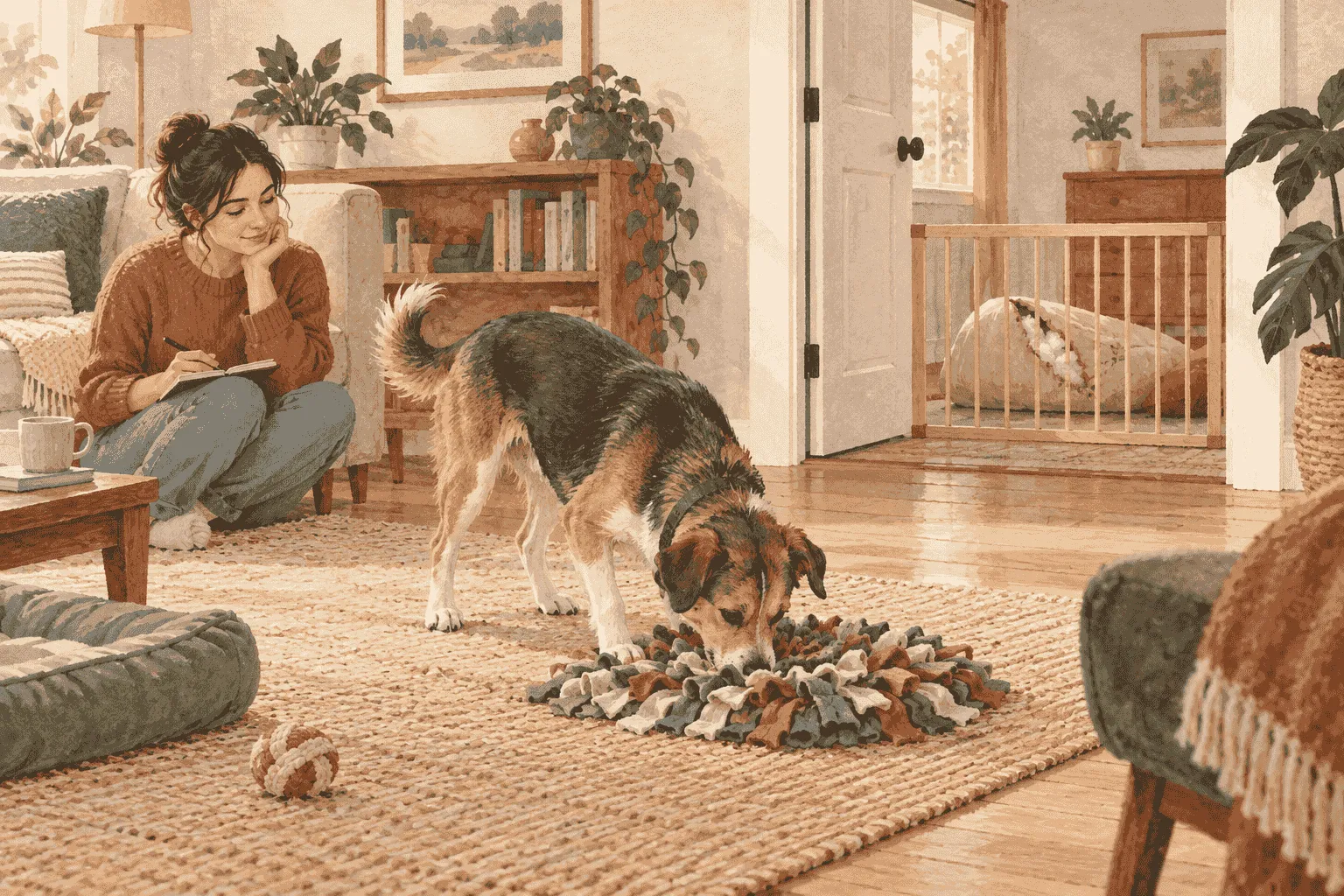 A mixed-breed dog noses a simple scent game beside a caregiver while a damaged cushion remains out of reach.