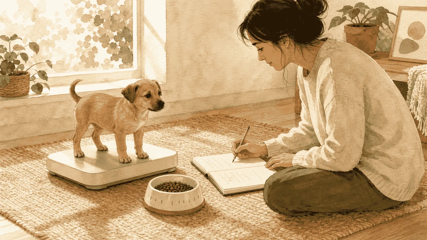 A caregiver records a small puppy's weight and body shape in a notebook beside a measured bowl while the puppy stands calmly nearby.
