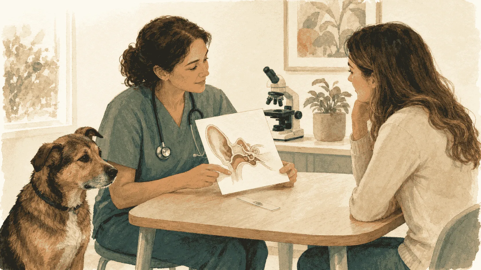 A veterinarian showing a caregiver an ear diagram and microscope slide while a dog sits calmly nearby.