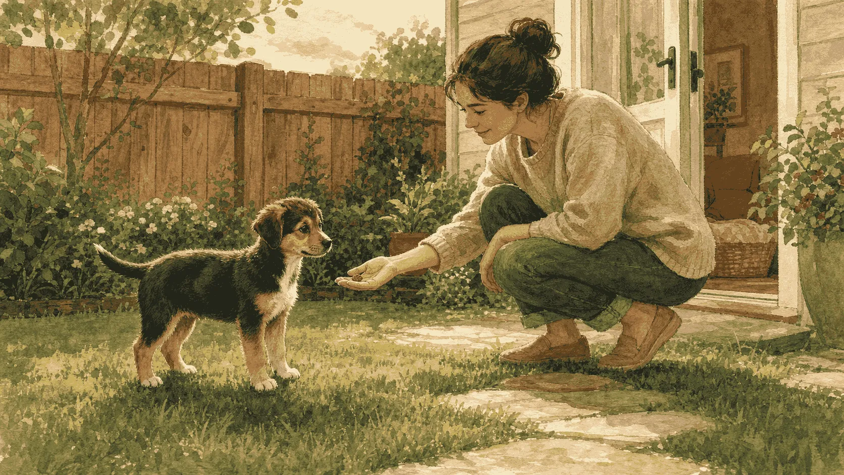 Caregiver quietly rewards a young puppy after toileting in a small fenced garden while the open back door remains nearby.