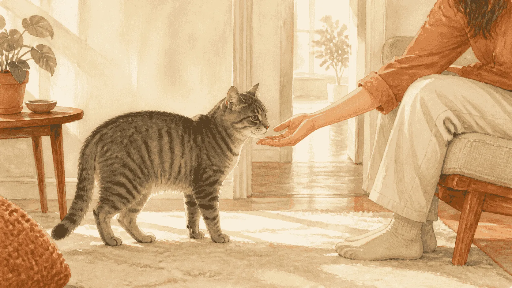 A tabby cat pauses with its tail raised beside a seated caregiver while the caregiver keeps a still hand near the cat's cheek and leaves an open path away.