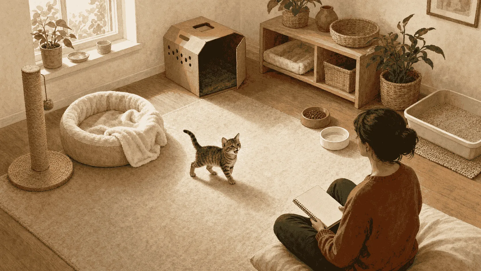 A tabby kitten stands near separate water, food, litter, and covered bed while a seated caregiver observes quietly.