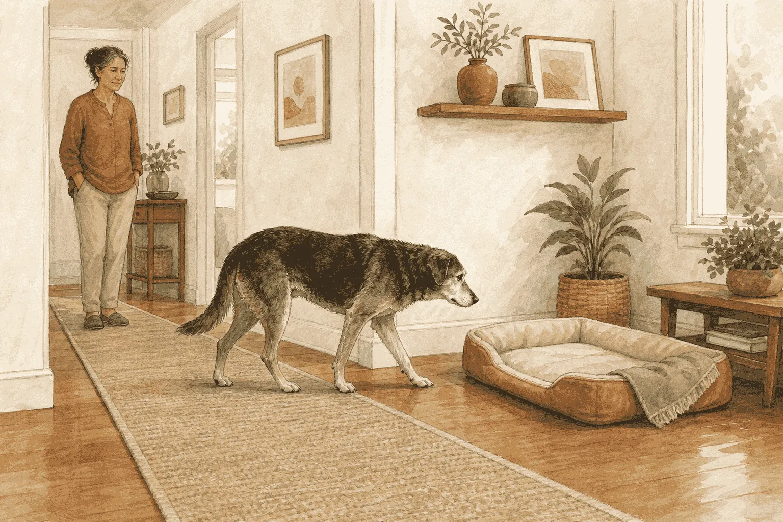 A gray-muzzled dog walks along a nonslip runner toward an accessible padded bed while a caregiver observes from nearby.
