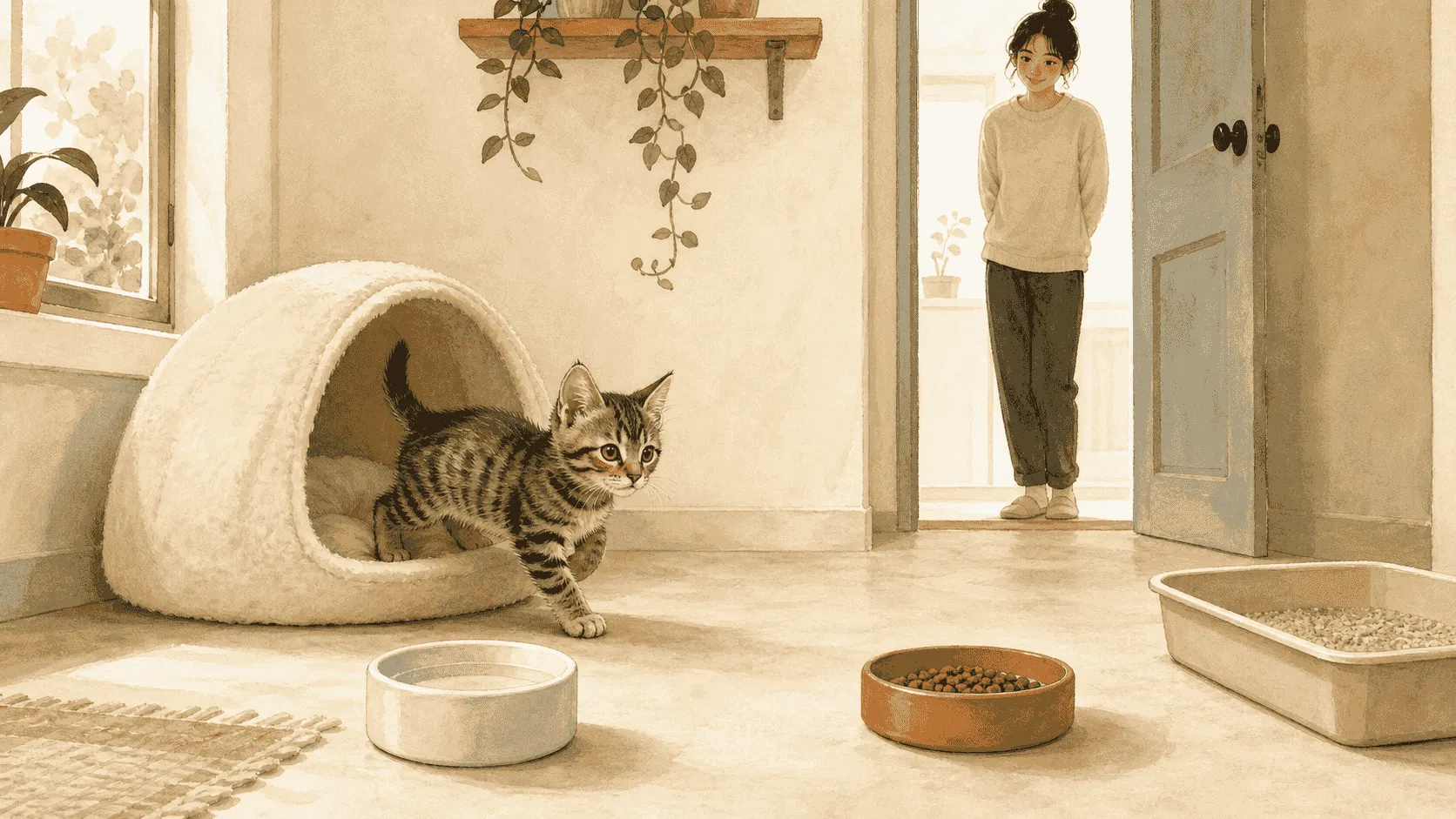 An awake tabby kitten steps from a covered bed toward separated food, water, and litter areas while a caregiver observes quietly from the doorway.