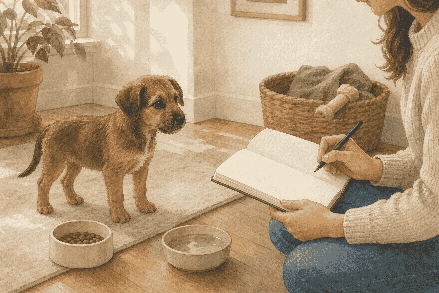 A caregiver writes in a meal log while a bright brown puppy stands near one unbranded food bowl and a water bowl.