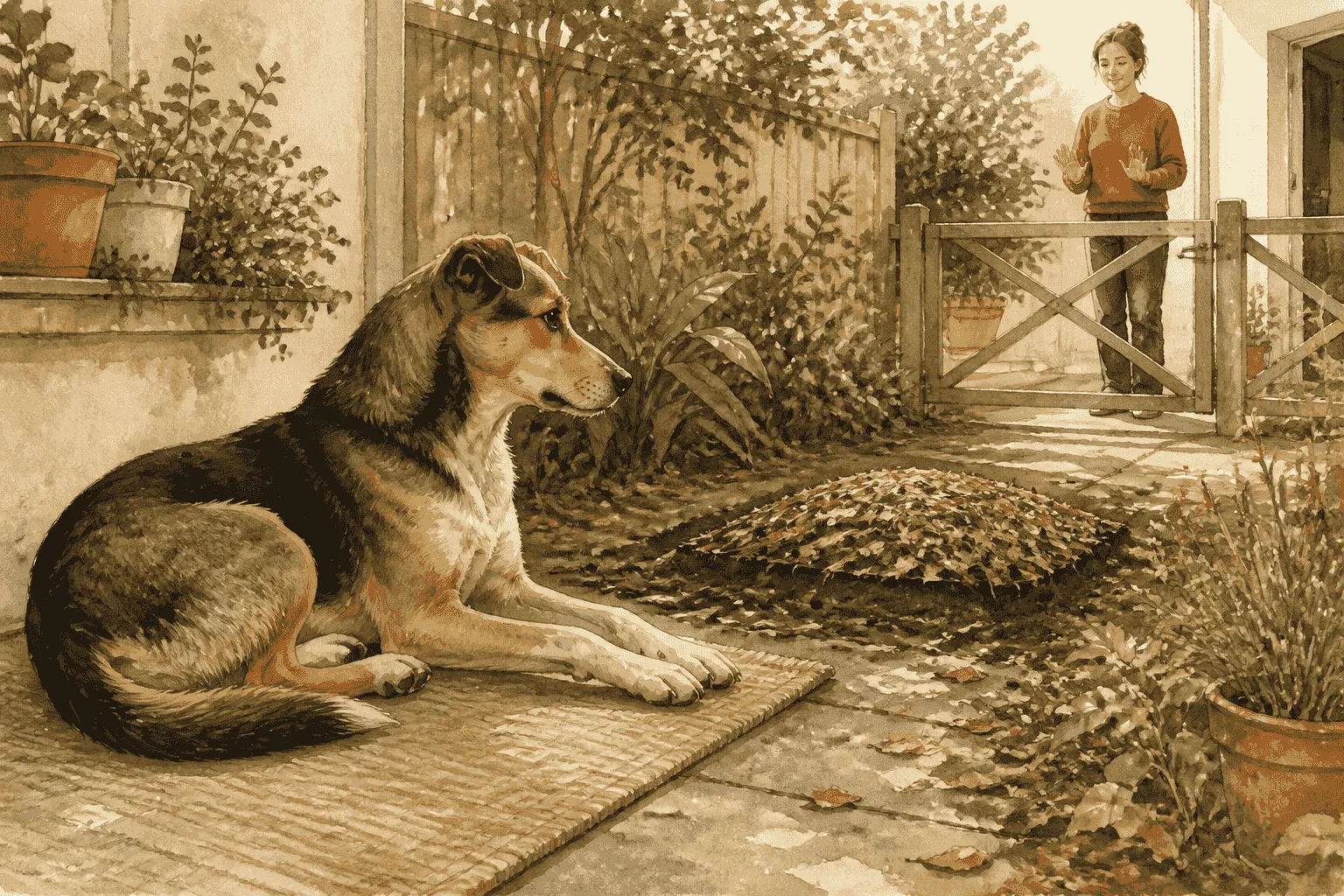 A dog rests near a covered garden spot while a caregiver keeps a calm distance and a second resource remains behind a low barrier.