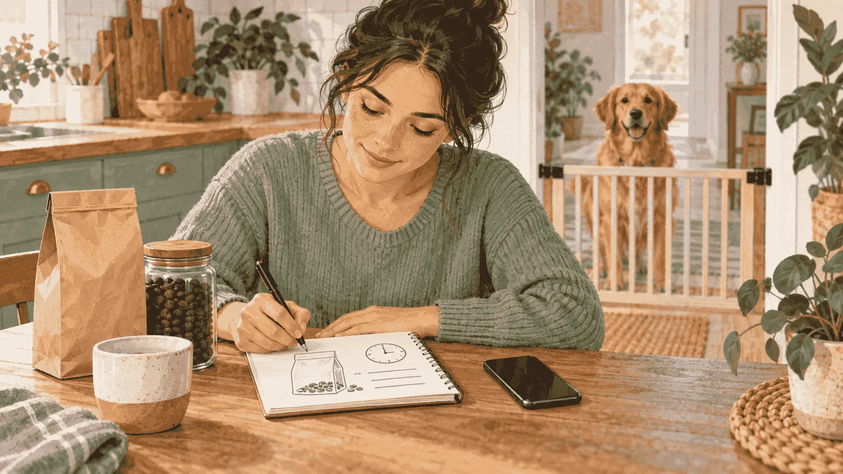 A caregiver photographs a coffee label beside a phone and notebook while a dog waits calmly behind a kitchen gate.
