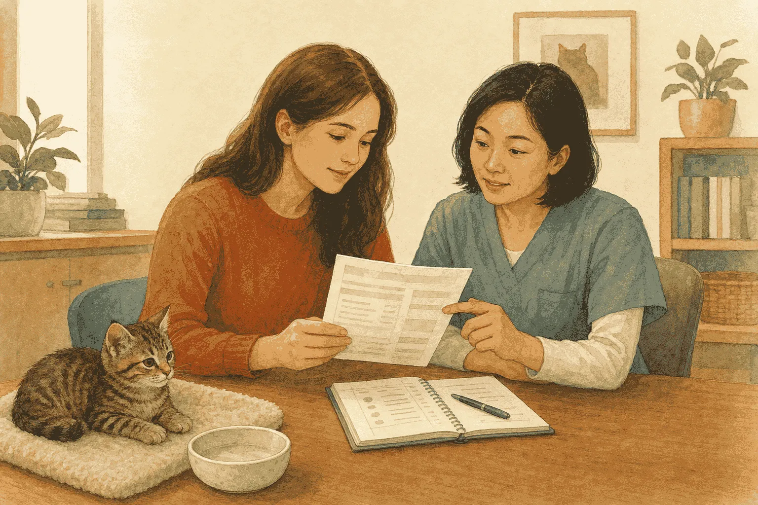A caregiver and veterinarian review an unbranded food label while a tabby kitten rests beside an empty ceramic bowl.