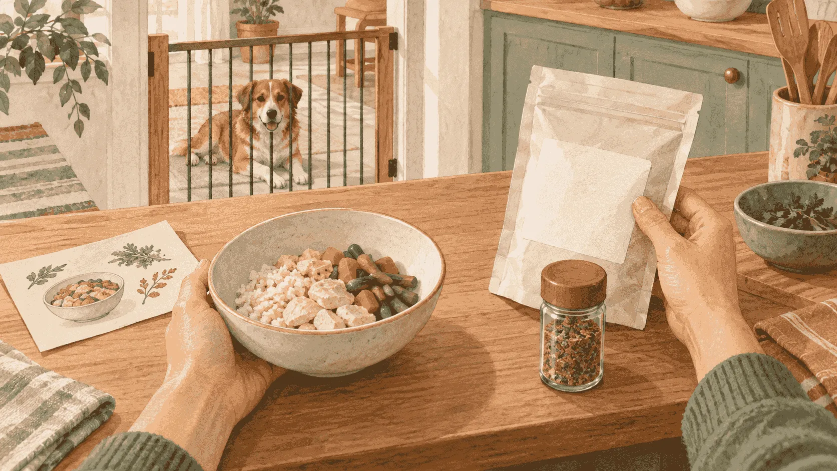 A caregiver compares a plain dog treat with a closed seasoning jar while a relaxed dog waits beside the kitchen counter.
